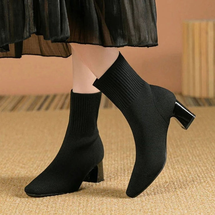 Women's Ribbed Knit Block-Heel Ankle Boots - Black