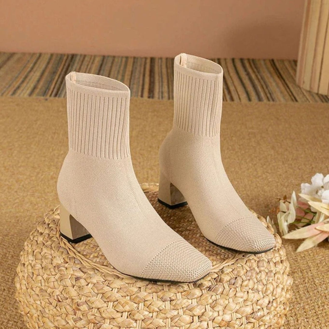 Women's Ribbed Knit Block-Heel Ankle Boots - Beige