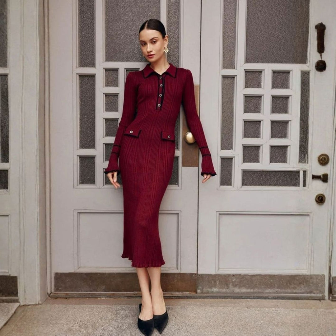 Women's Ribbed Knit Collared Button-Front Long Sleeve Midi Dress - 3