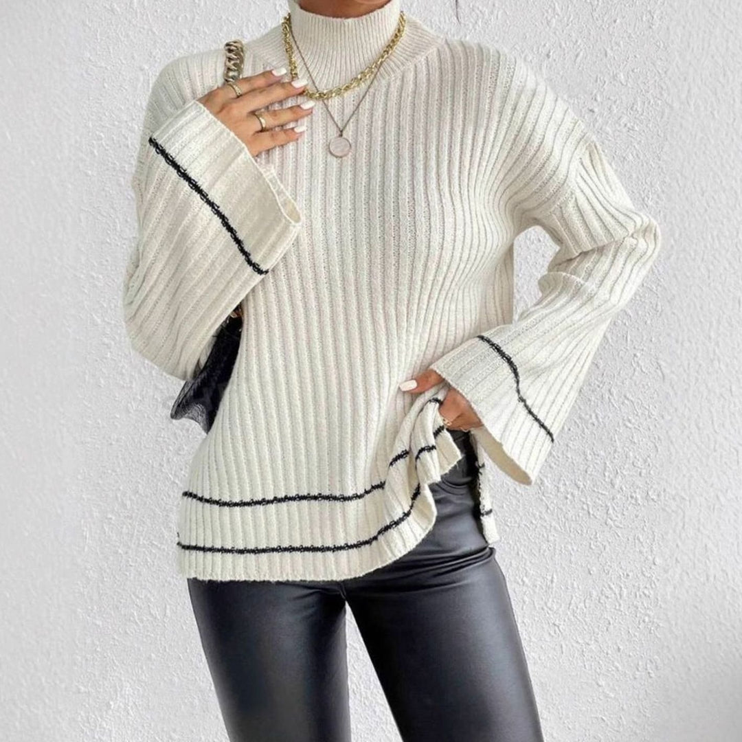 Women's Ribbed Turtleneck Flare-Sleeve Striped Knit Sweater