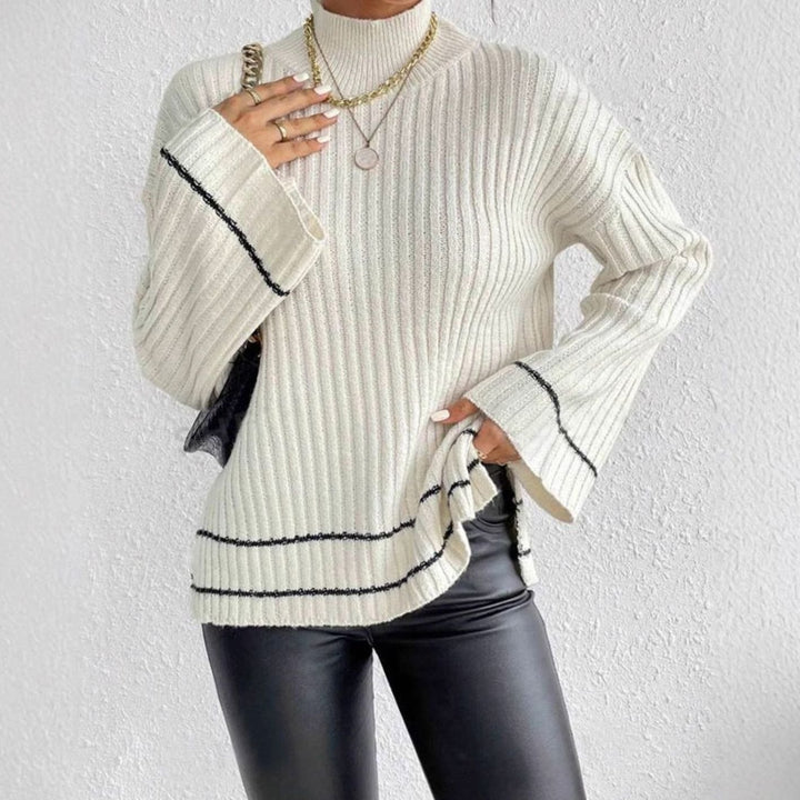Women's Ribbed Turtleneck Flare-Sleeve Striped Knit Sweater
