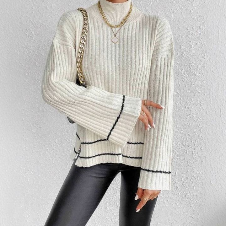 Women's Ribbed Turtleneck Flare-Sleeve Striped Knit Sweater