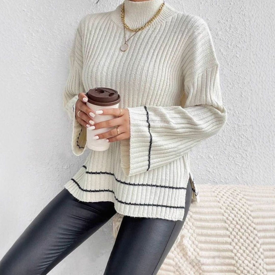 Women's Ribbed Turtleneck Flare-Sleeve Striped Knit Sweater