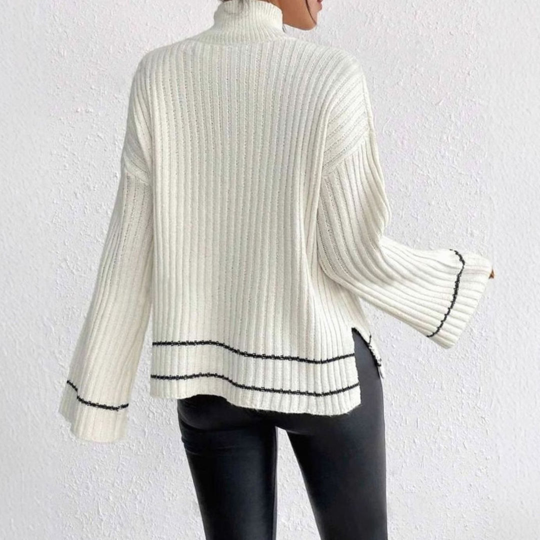 Women's Ribbed Turtleneck Flare-Sleeve Striped Knit Sweater