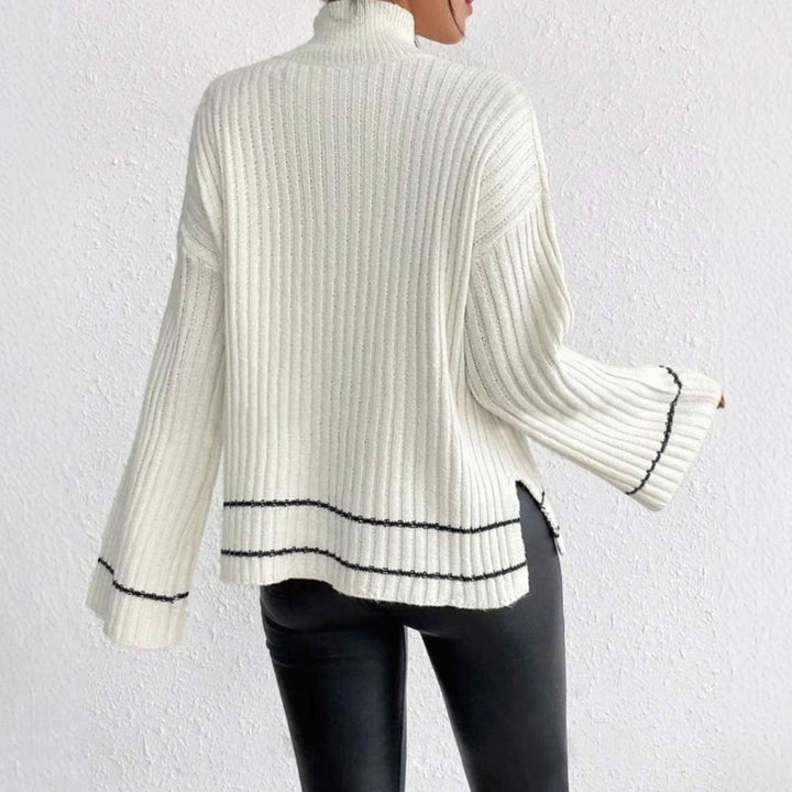 Women's Ribbed Turtleneck Flare-Sleeve Striped Knit Sweater