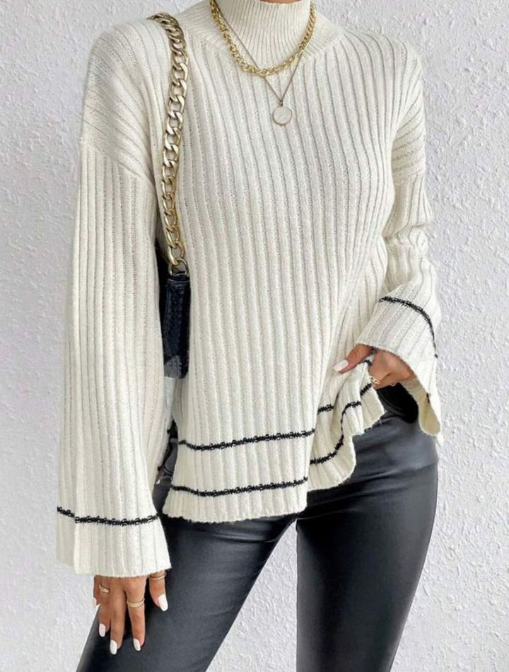Women's Ribbed Turtleneck Flare-Sleeve Striped Knit Sweater - White