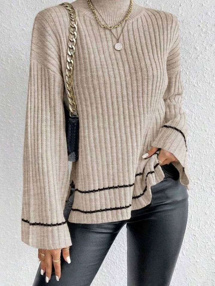 Women's Ribbed Turtleneck Flare-Sleeve Striped Knit Sweater - Apricot