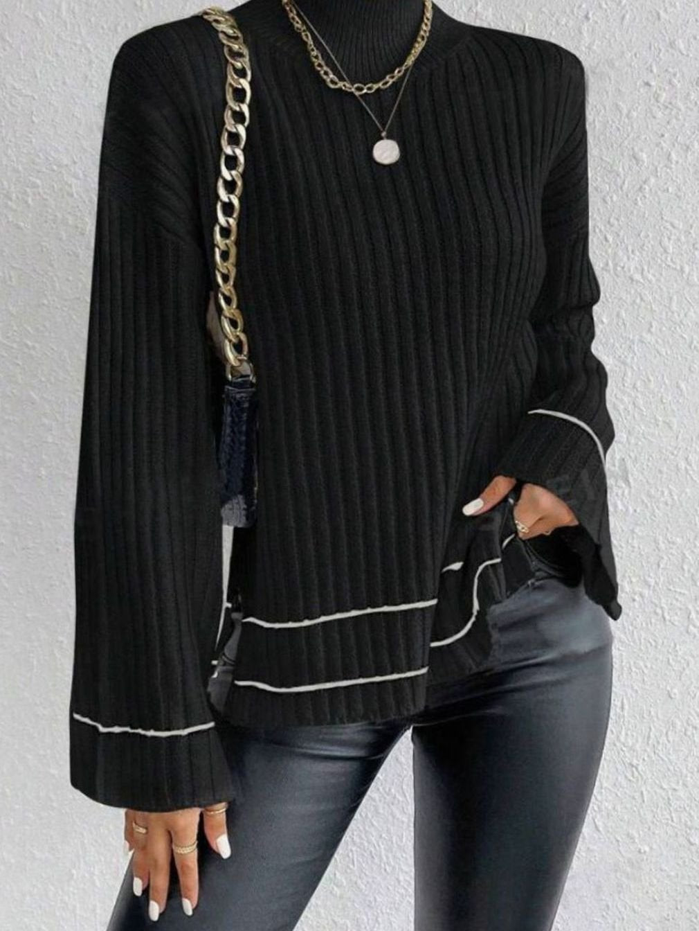 Women's Ribbed Turtleneck Flare-Sleeve Striped Knit Sweater - Black
