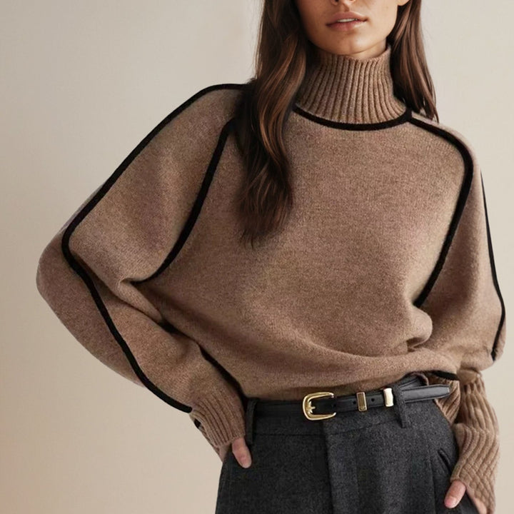Women's Ribbed Turtleneck Sweater Contrast Stripe Trim - Brown
