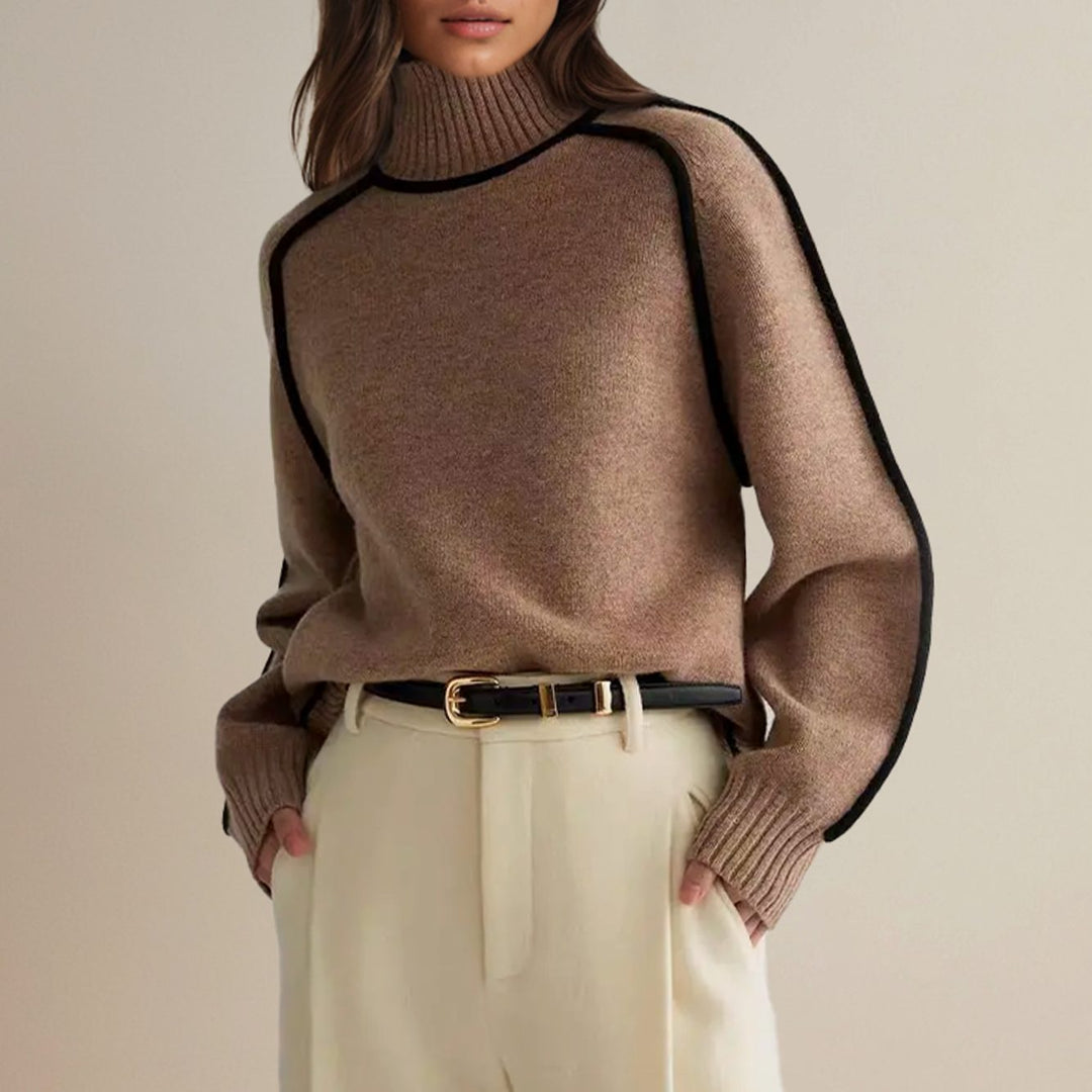 Women's Ribbed Turtleneck Sweater Contrast Stripe Trim