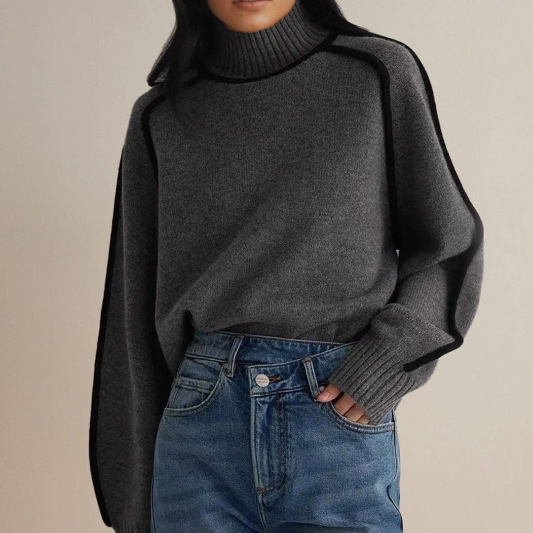 Women's Ribbed Turtleneck Sweater Contrast Stripe Trim - Grey