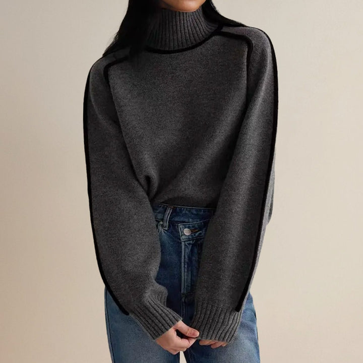 Women's Ribbed Turtleneck Sweater Contrast Stripe Trim