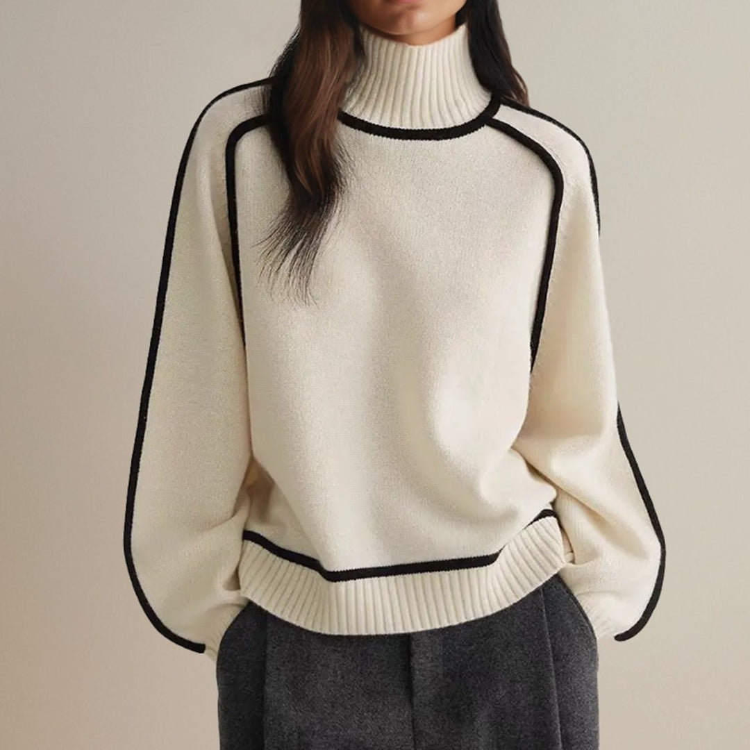Women's Ribbed Turtleneck Sweater Contrast Stripe Trim - White