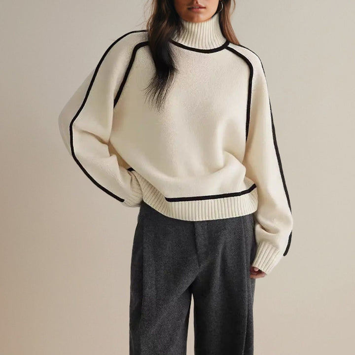 Women's Ribbed Turtleneck Sweater Contrast Stripe Trim