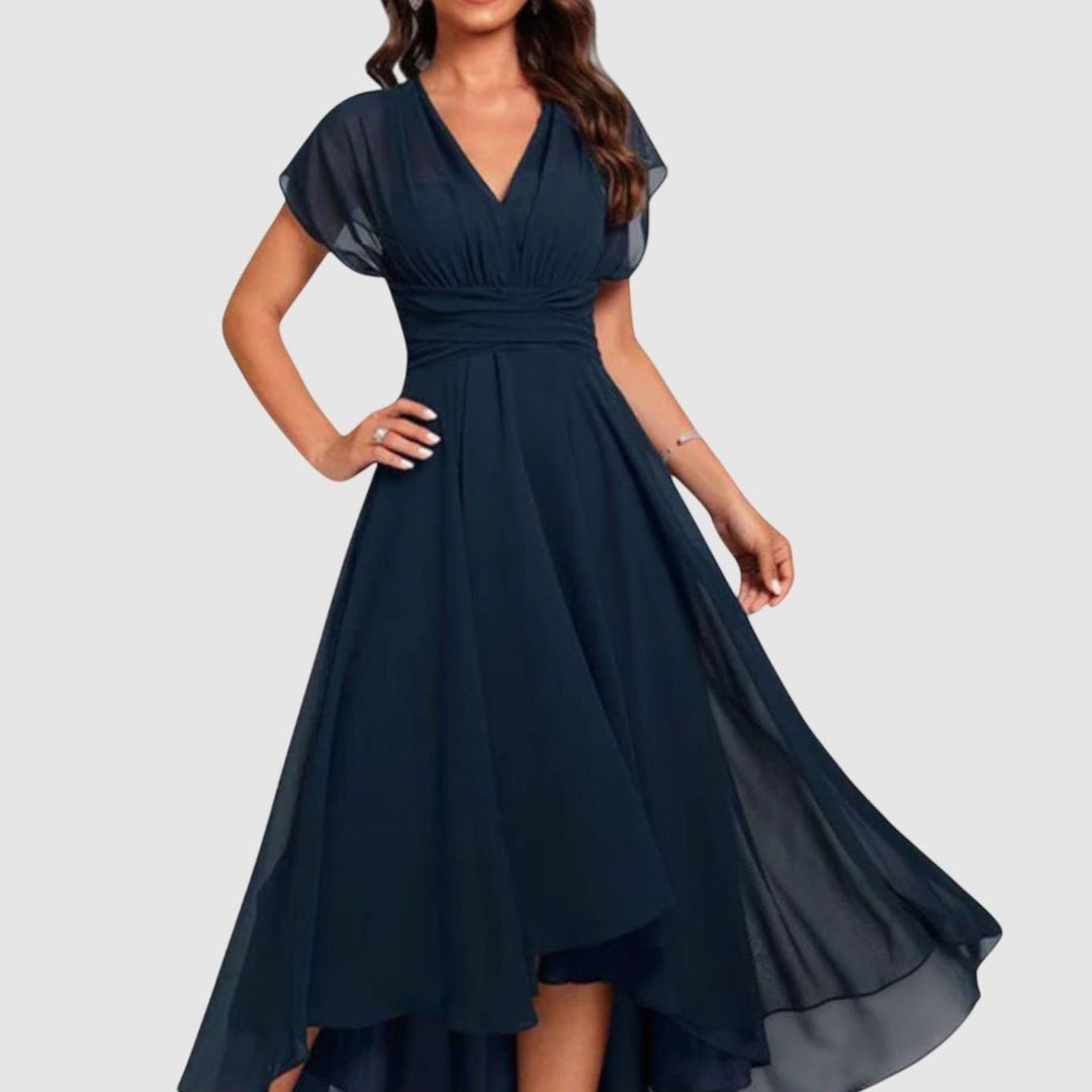 Women's Ruched V-Neck Flutter-Sleeve Chiffon A-Line Dress - Blue