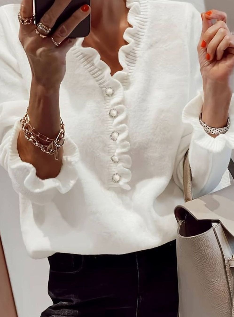 Women's Ruffle Blouse V-Neck Pearl Button Knit Cardigan Top