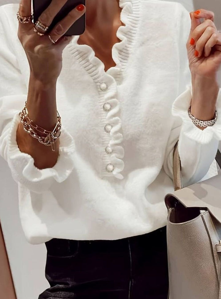 Women's Ruffle Blouse V-Neck Pearl Button Knit Cardigan Top