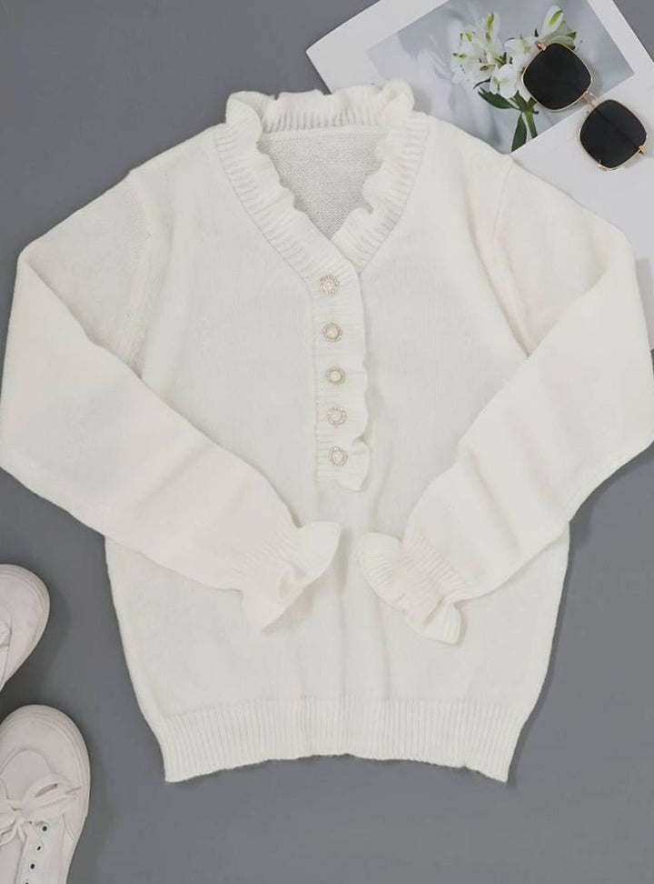 Women's Ruffle Blouse V-Neck Pearl Button Knit Cardigan Top