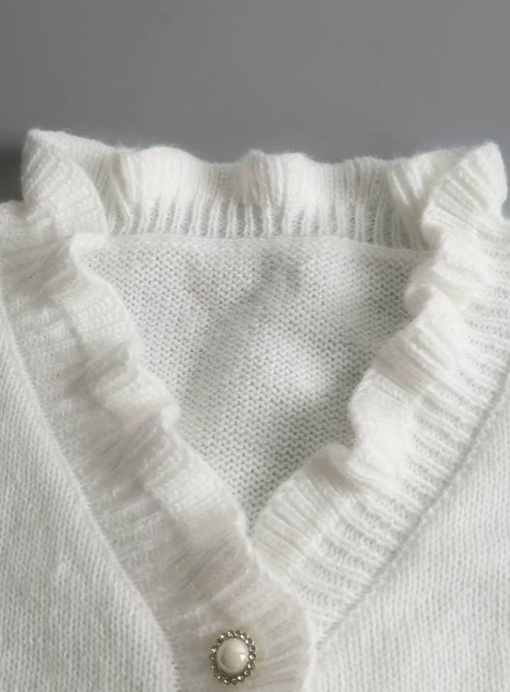Women's Ruffle Blouse V-Neck Pearl Button Knit Cardigan Top