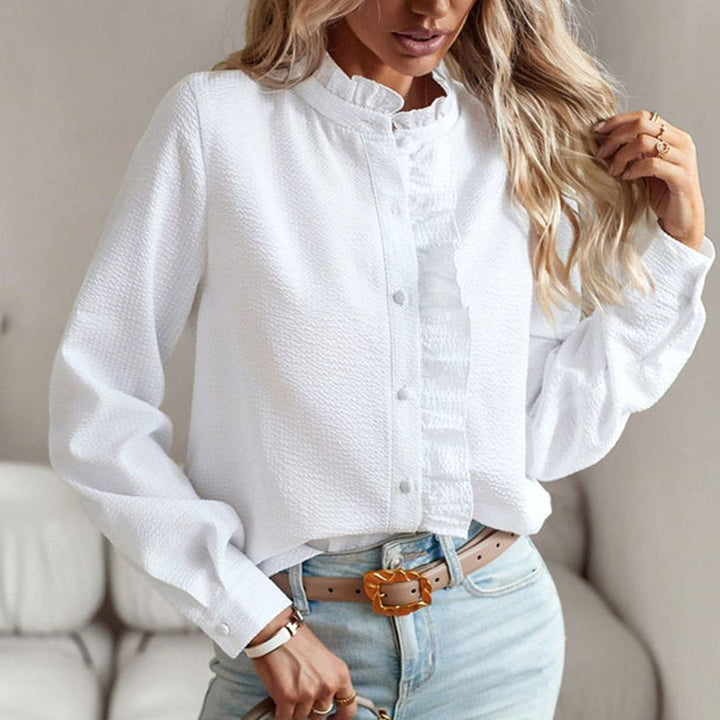 Women's Ruffled Button-Front Long-Sleeve Work Blouse - White