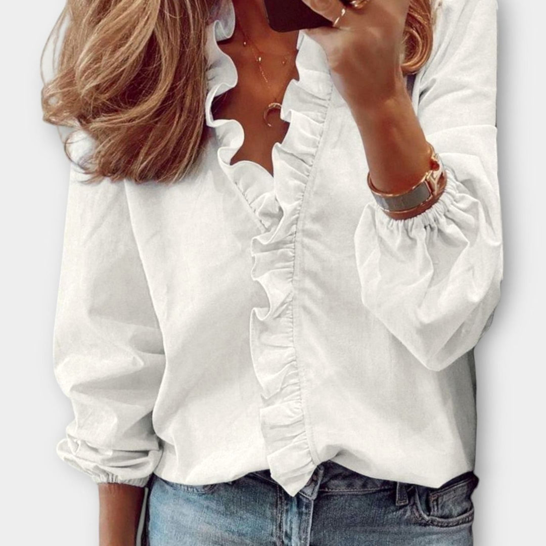 Women's Ruffled V-Neck Long-Sleeve Summer Blouse - White