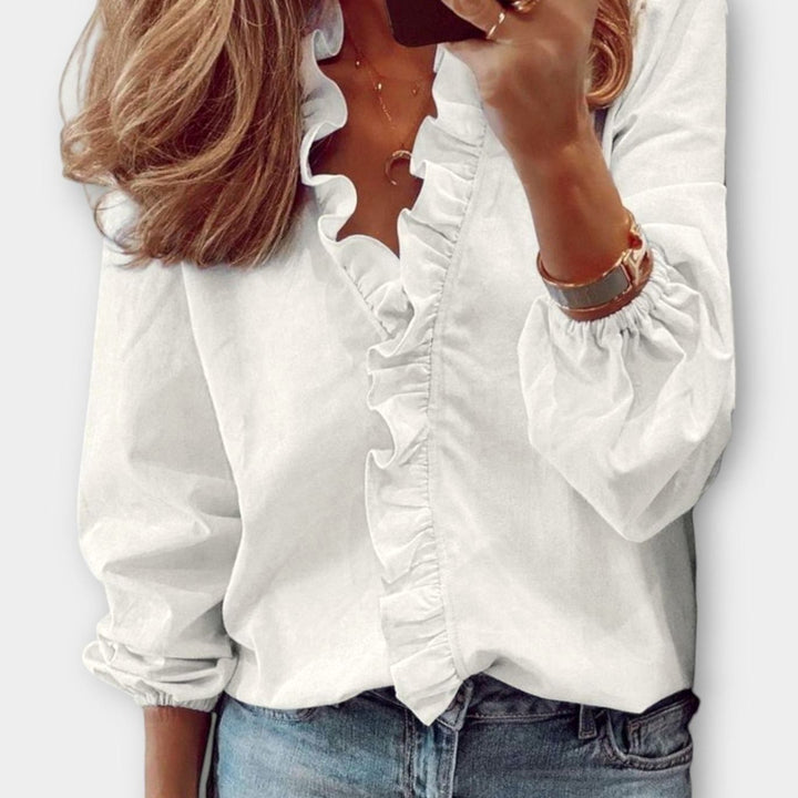 Women's Ruffled V-Neck Long-Sleeve Summer Blouse - White