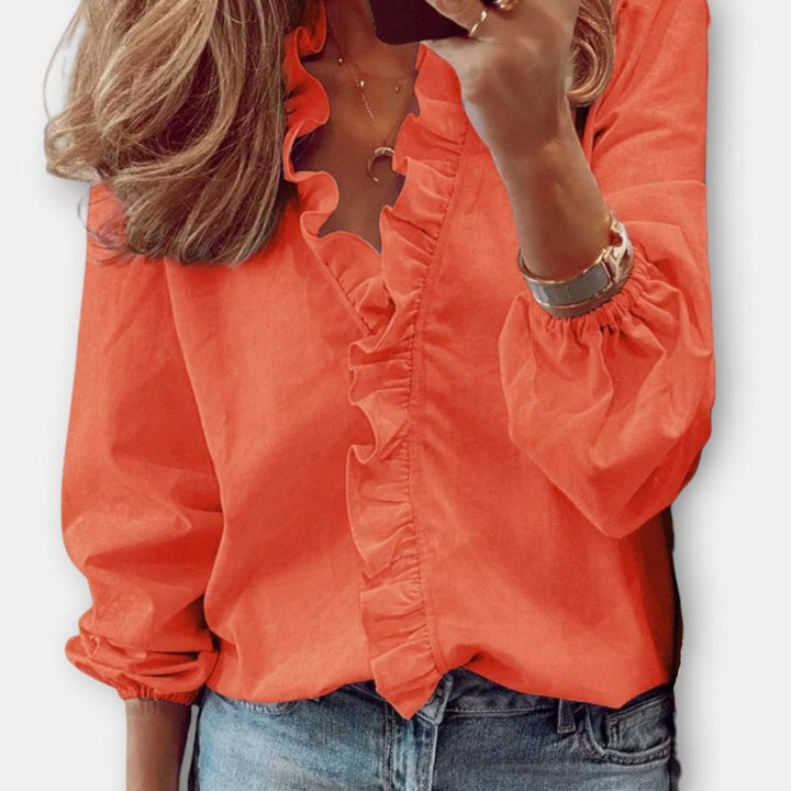 Women's Ruffled V-Neck Long-Sleeve Summer Blouse - Orange