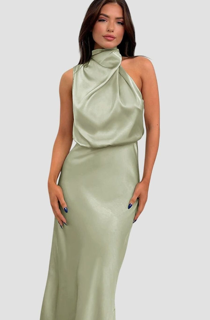 Women's Satin High-Neck Halter Maxi Dress - Light Green