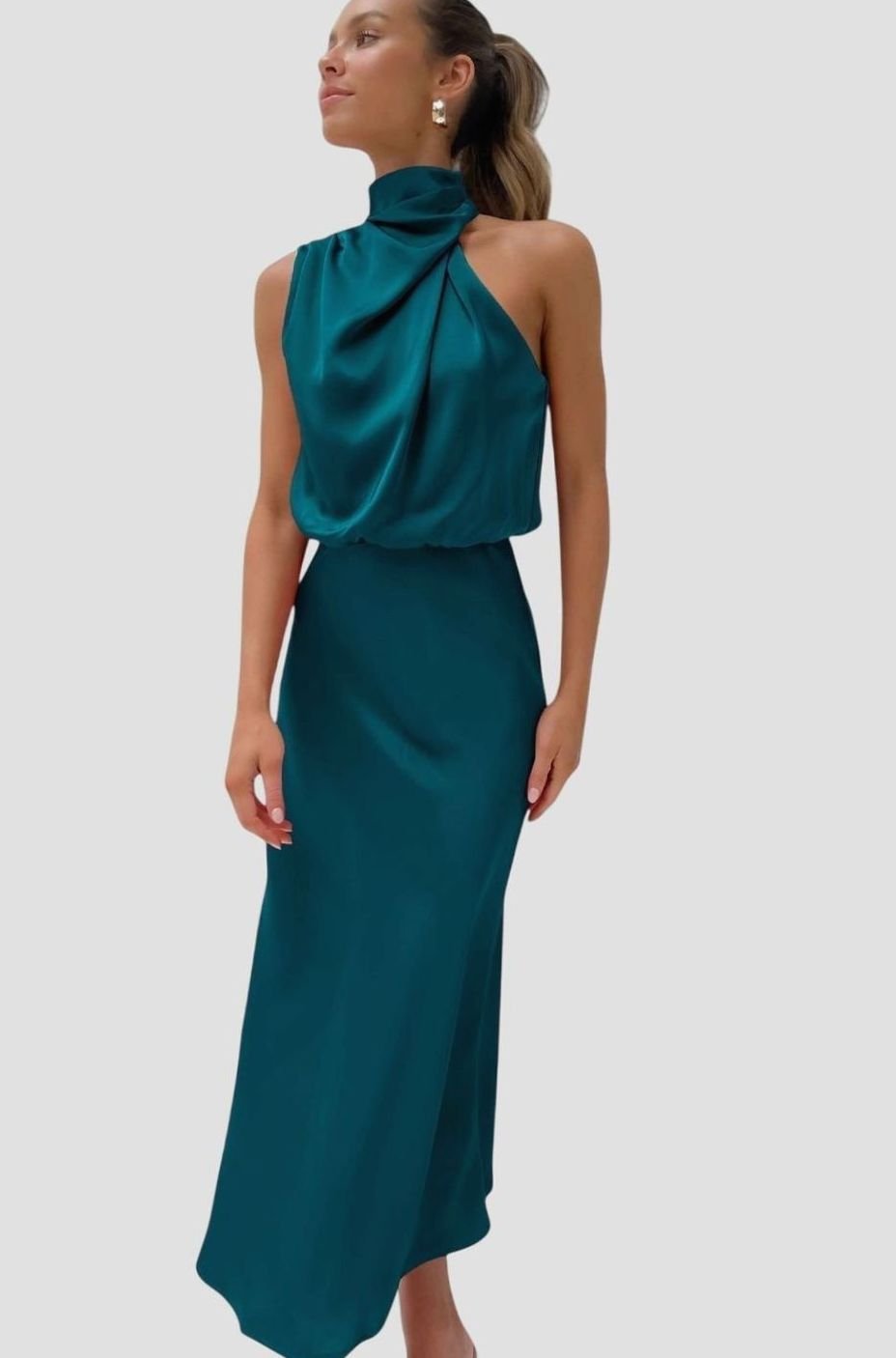 Women's Satin High-Neck Halter Maxi Dress - Aqua Green