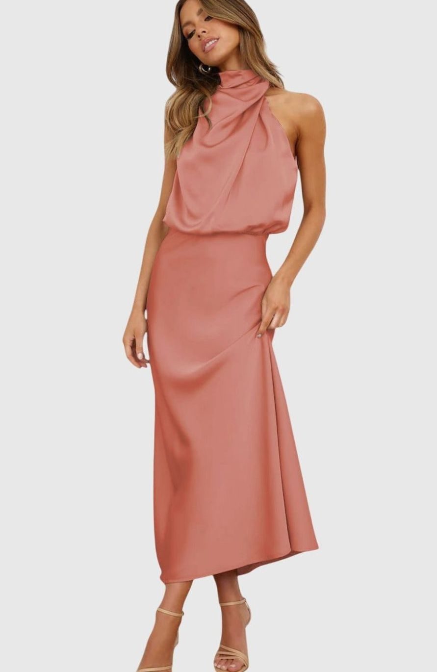 Women's Satin High-Neck Halter Maxi Dress - Mauve