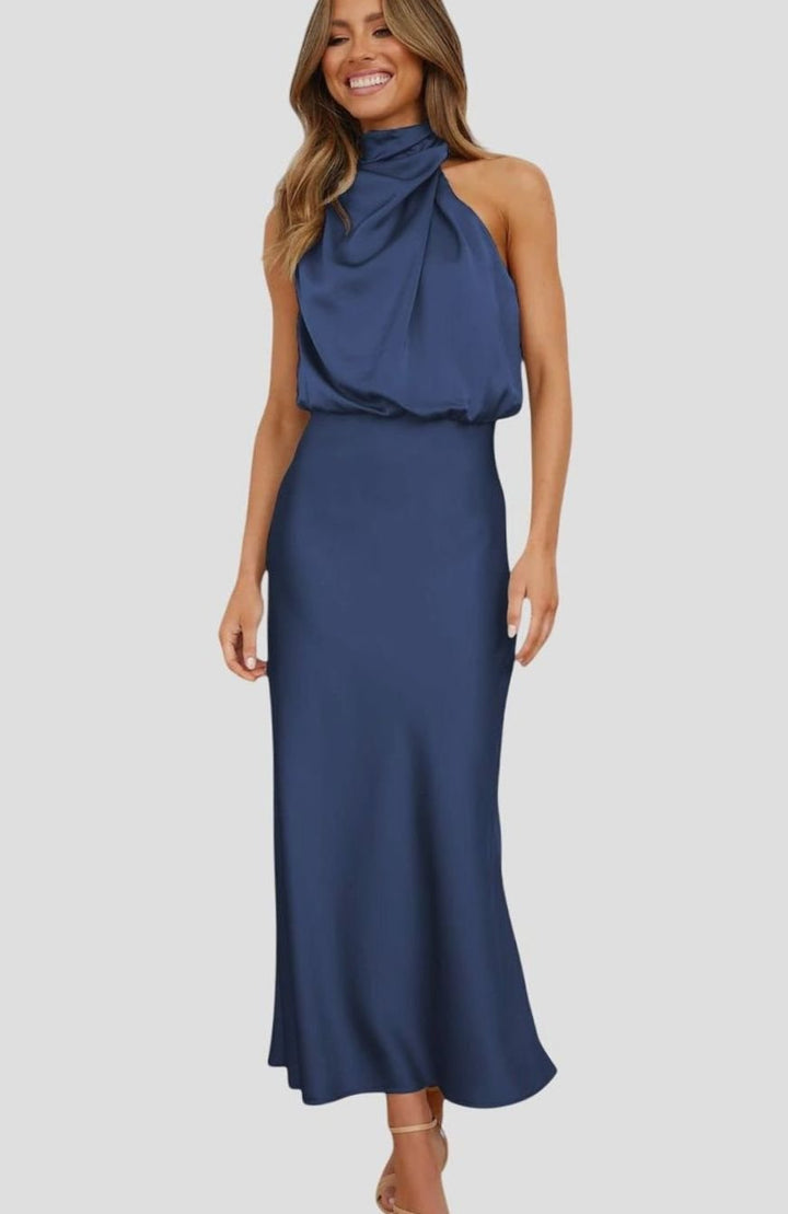 Women's Satin High-Neck Halter Maxi Dress - Navy Blue