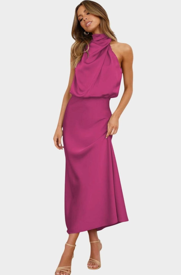 Women's Satin High-Neck Halter Maxi Dress - Magenta