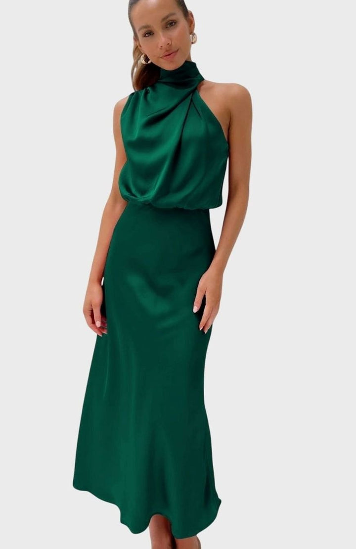 Women's Satin High-Neck Halter Maxi Dress - Green