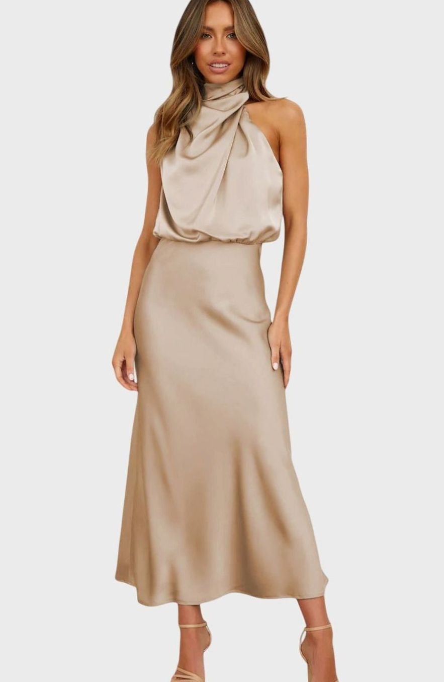 Women's Satin High-Neck Halter Maxi Dress - Beige