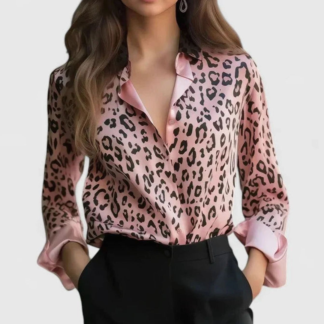 Women's Satin Leopard-Print Long-Sleeve Elegant Blouse - Pink
