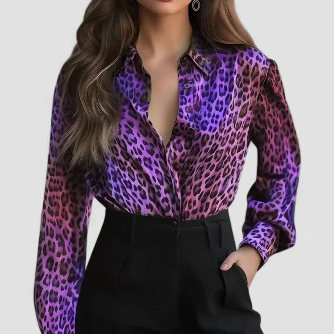 Women's Satin Leopard-Print Long-Sleeve Elegant Blouse - Purple