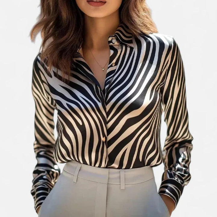 Women's Satin Leopard-Print Long-Sleeve Elegant Blouse - Black White