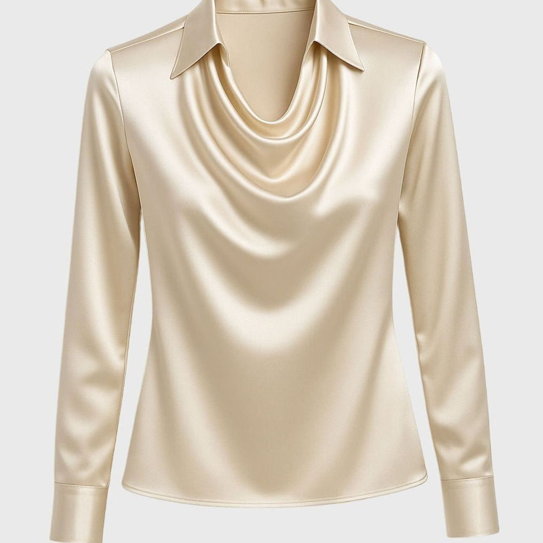 Women's Satin Pleated-Neckline Long-Sleeve Blouse