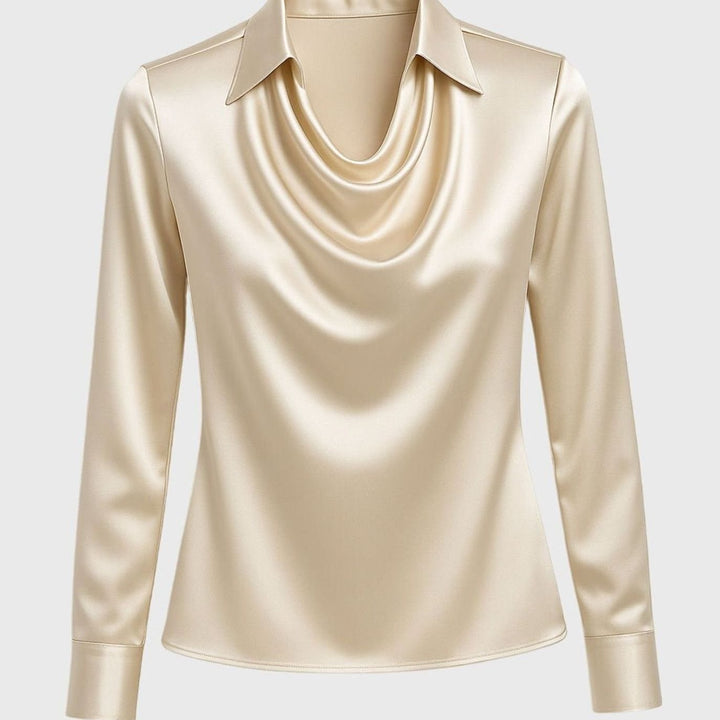 Women's Satin Pleated-Neckline Long-Sleeve Blouse
