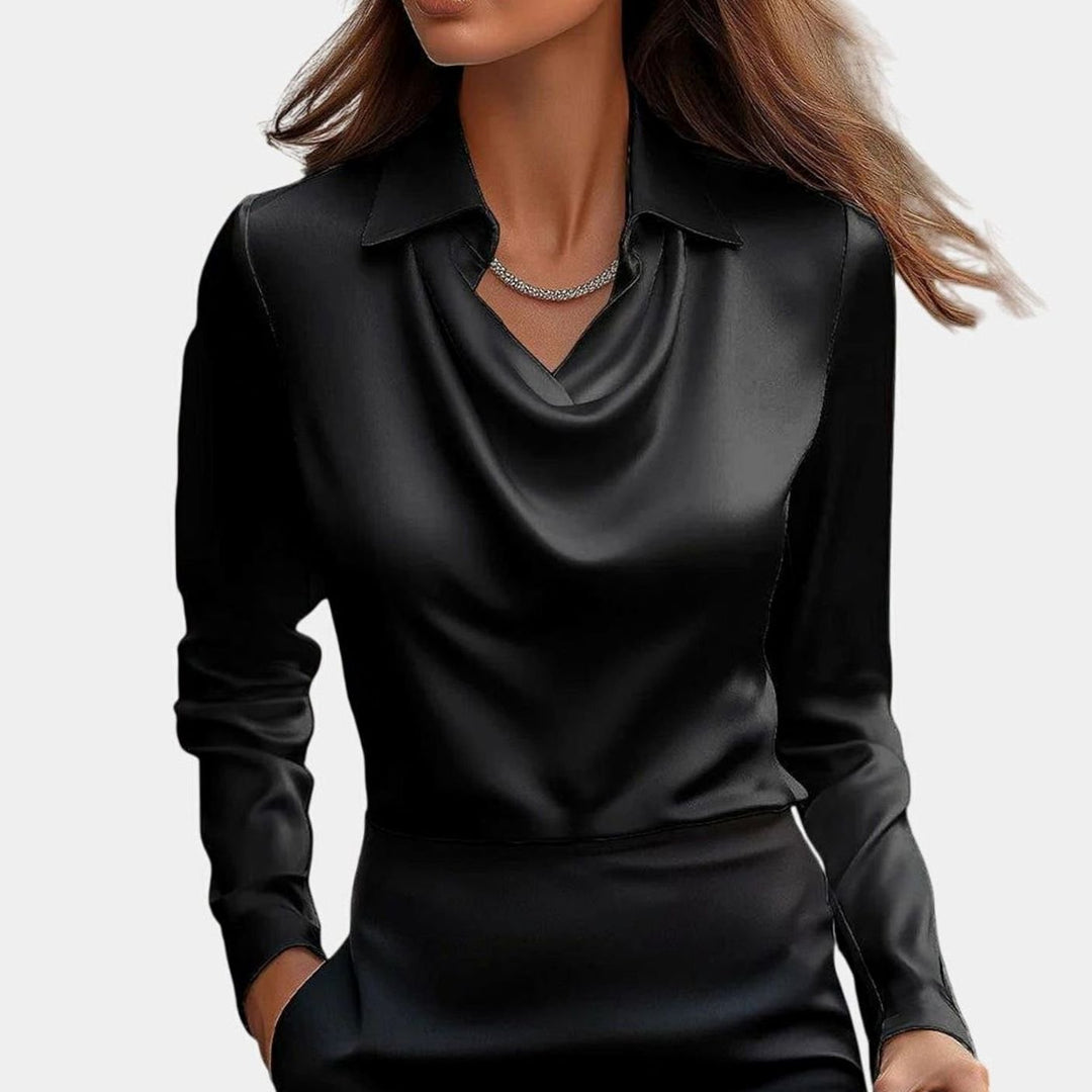 Women's Satin Pleated-Neckline Long-Sleeve Blouse - Black