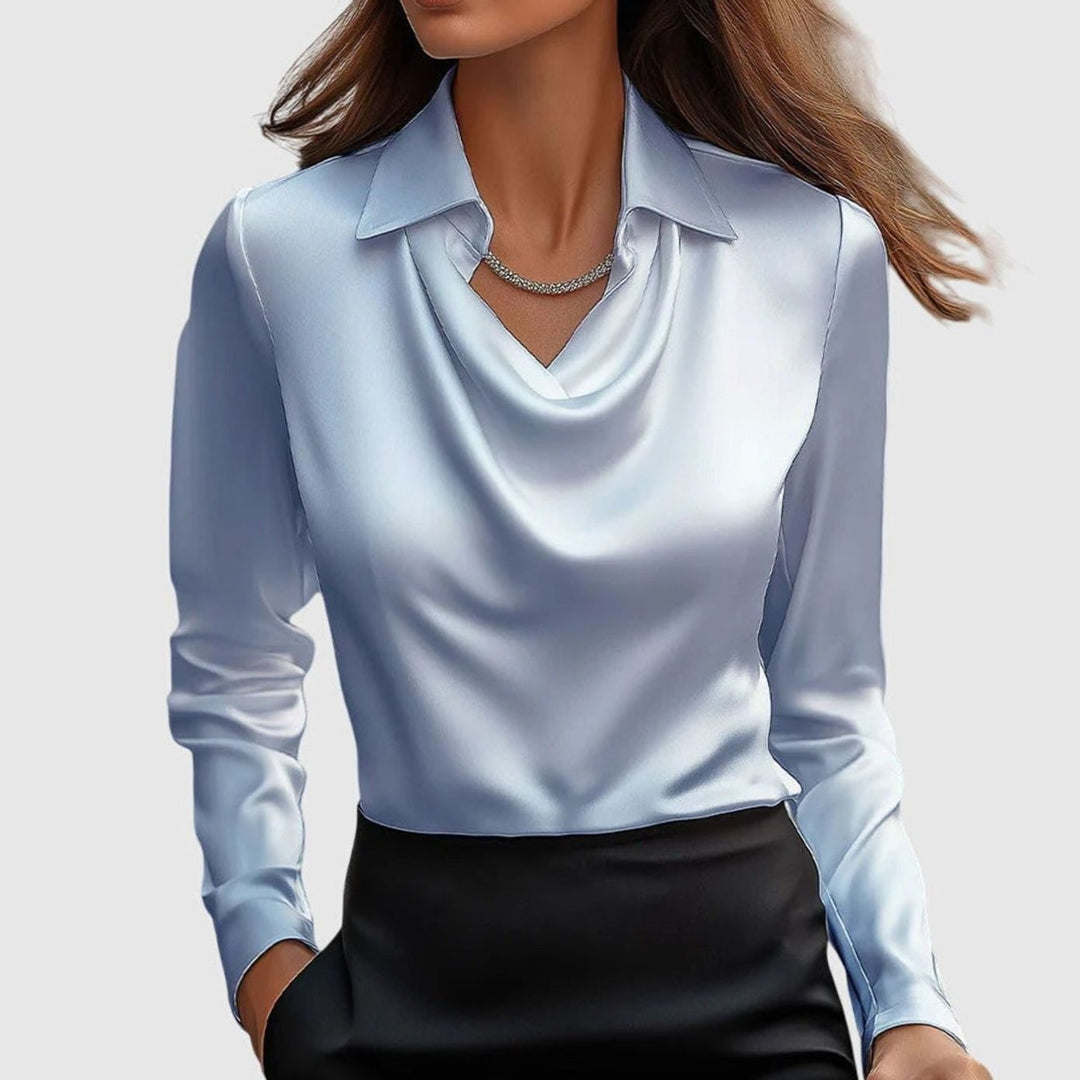 Women's Satin Pleated-Neckline Long-Sleeve Blouse - Light Blue