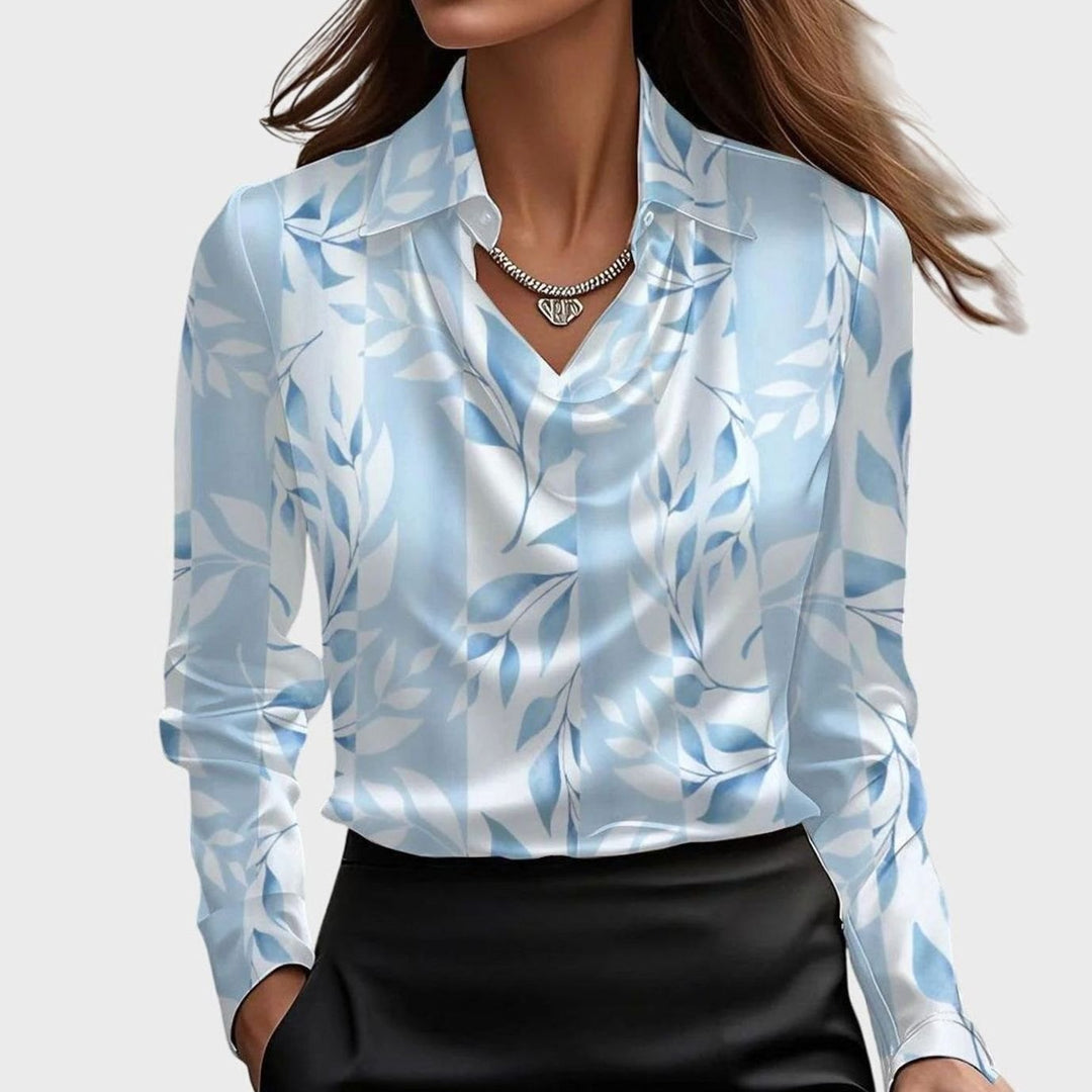 Women's Satin Pleated-Neckline Long-Sleeve Blouse - Light Blue Floral