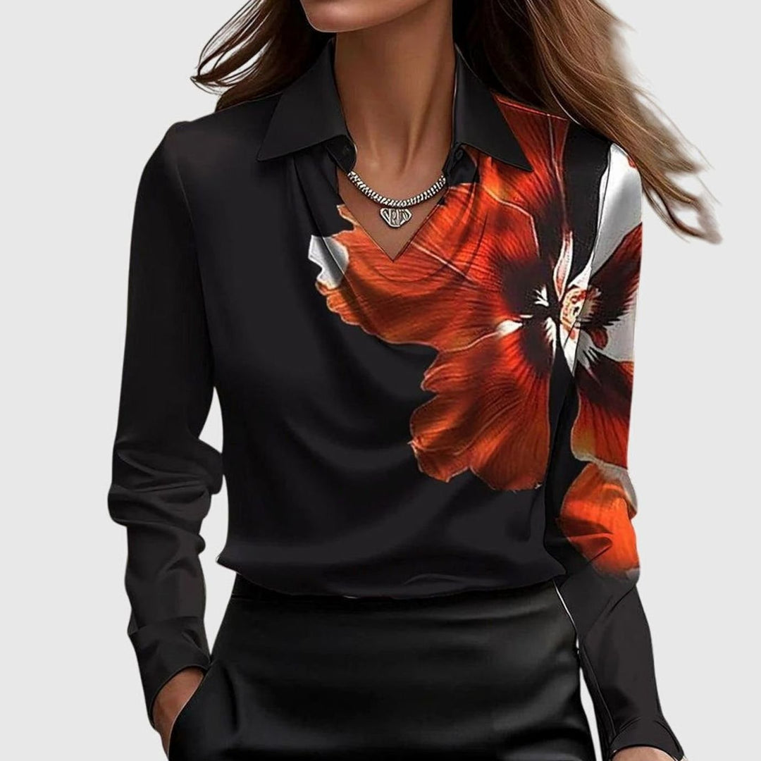 Women's Satin Pleated-Neckline Long-Sleeve Blouse - Black Red