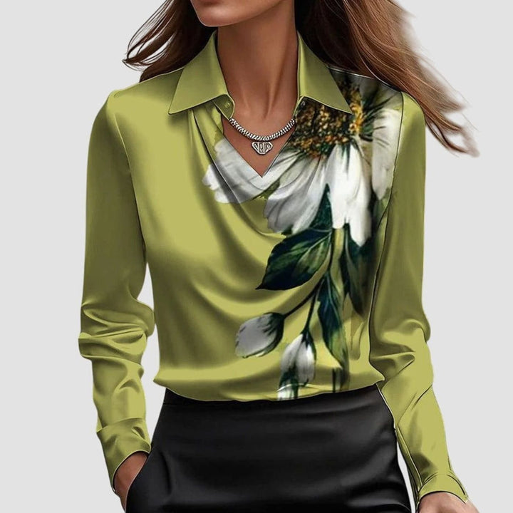 Women's Satin Pleated-Neckline Long-Sleeve Blouse - Green