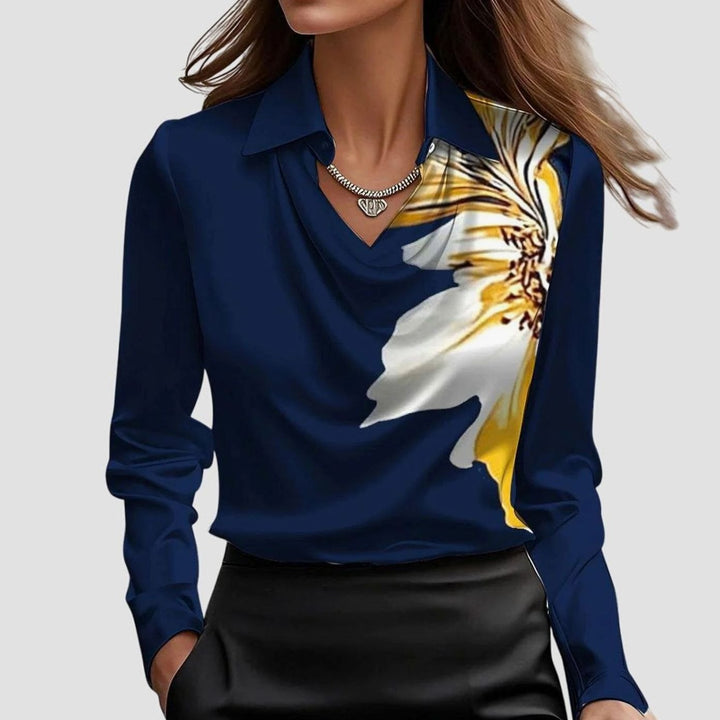 Women's Satin Pleated-Neckline Long-Sleeve Blouse - Dark Blue