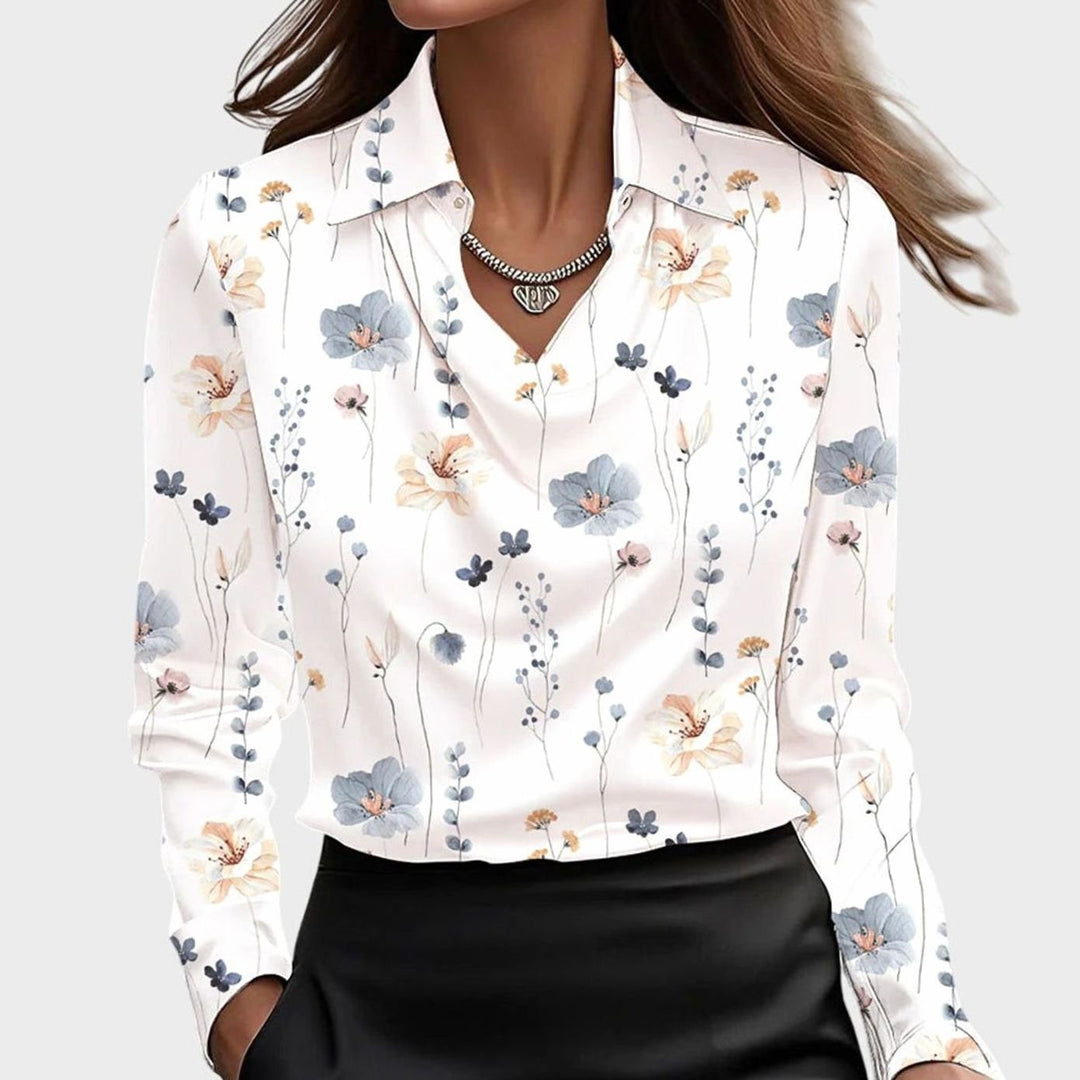 Women's Satin Pleated-Neckline Long-Sleeve Blouse - White Floral
