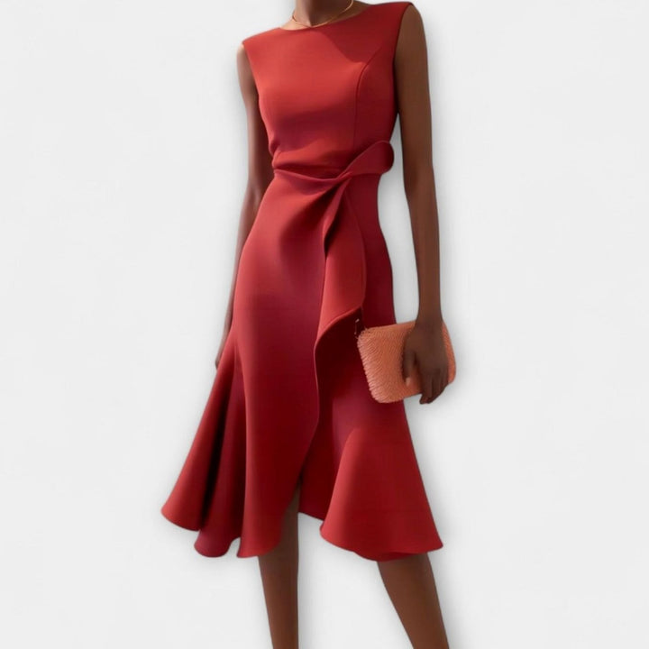 Women's Sleeveless Asymmetric Draped Ruffle-Hem Midi Dress - Red