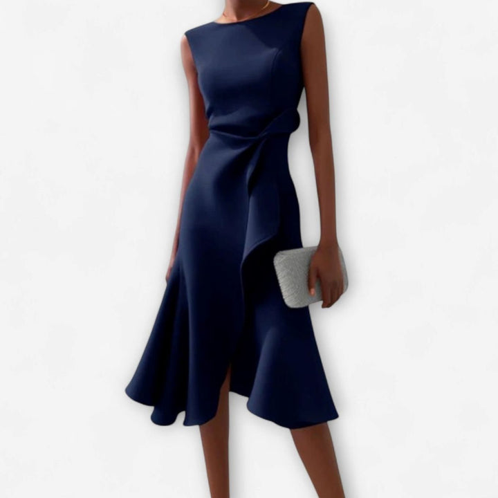Women's Sleeveless Asymmetric Draped Ruffle-Hem Midi Dress - Navy Blue