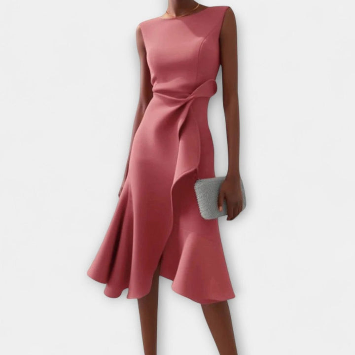 Women's Sleeveless Asymmetric Draped Ruffle-Hem Midi Dress - Pink