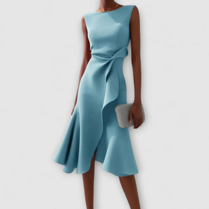 Women's Sleeveless Asymmetric Draped Ruffle-Hem Midi Dress - Light Blue